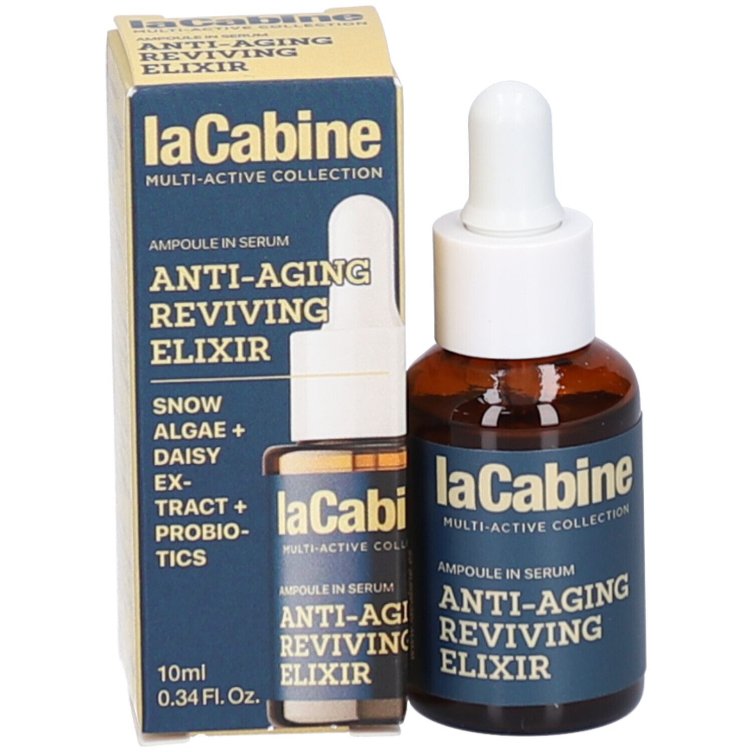 Productverpakking met fles en kleine ampul. Zichtbare tekst: laCabine, Anti-Aging Reviving Elixir, 10ml 0.34 Fl. Oz., Snow Algae + Daisy Extract + Probiotics.