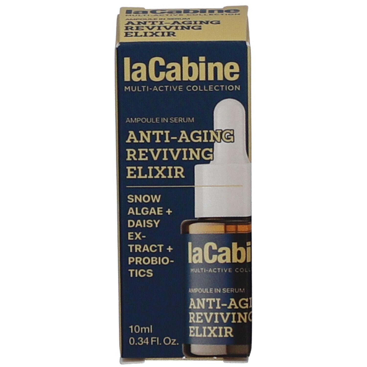 Productverpakking met fles en kleine ampul. Zichtbare tekst: laCabine, Anti-Aging Reviving Elixir, 10ml 0.34 Fl. Oz., Snow Algae + Daisy Extract + Probiotics.