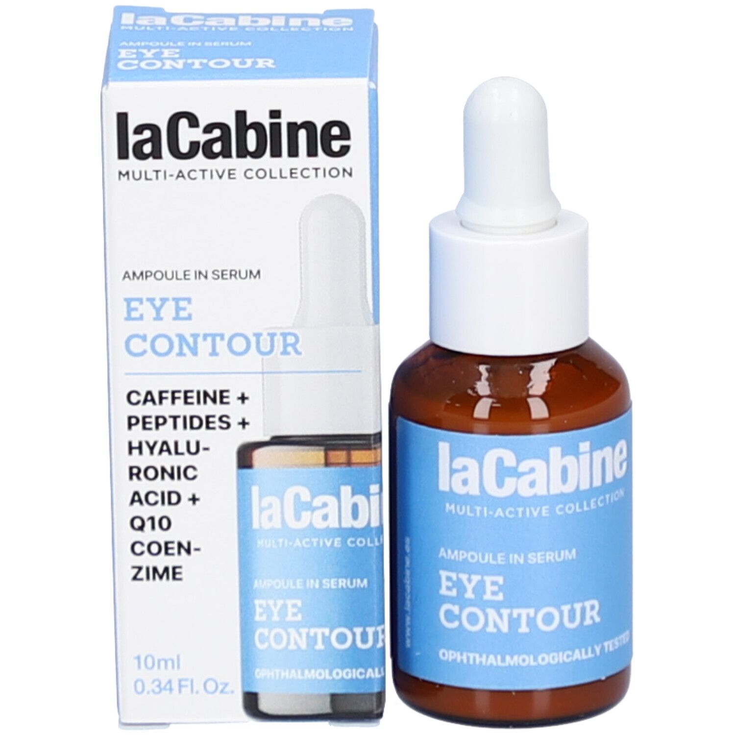 Flacon et emballage. Flacon brun avec pipette, emballage bleu. Inscription 'EYE CONTOUR' et 'laCabine'.