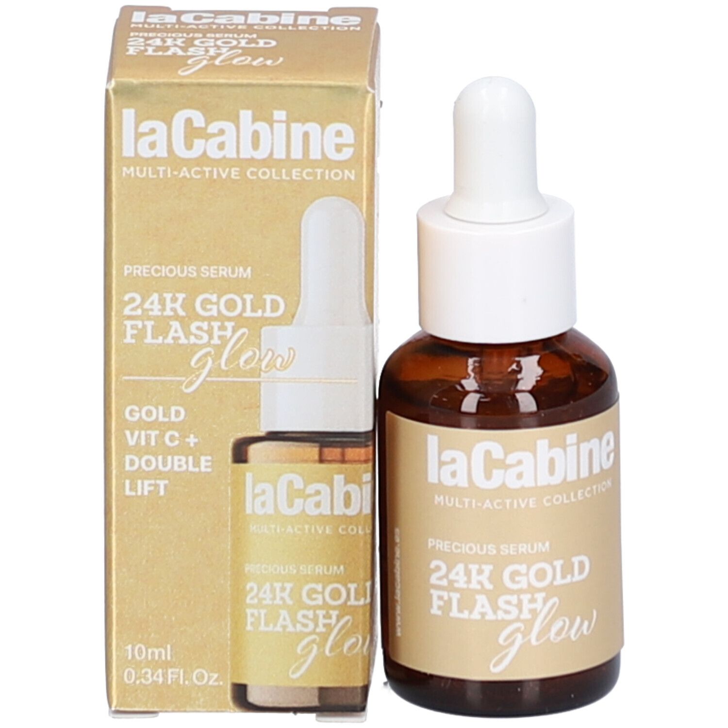Emballage et flacon. Boîte dorée avec flacon. Inscription : laCabine, 24K Gold Flash Glow, 10ml.