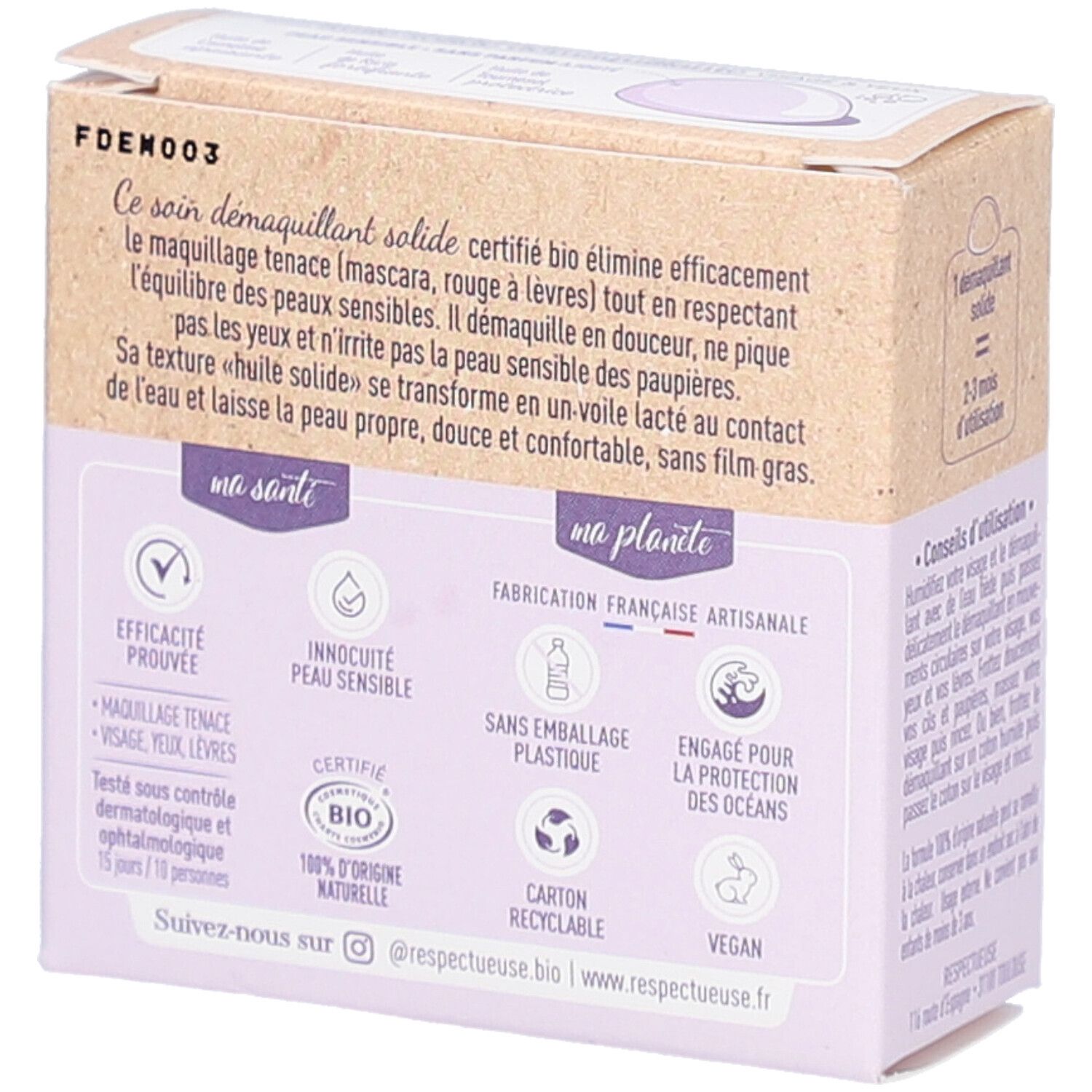 Achterkant van de kartonnen verpakking. Tekst: "Efficacité prouvée", "Sans emballage plastique", "Vegan". Certificeringen en logo's.