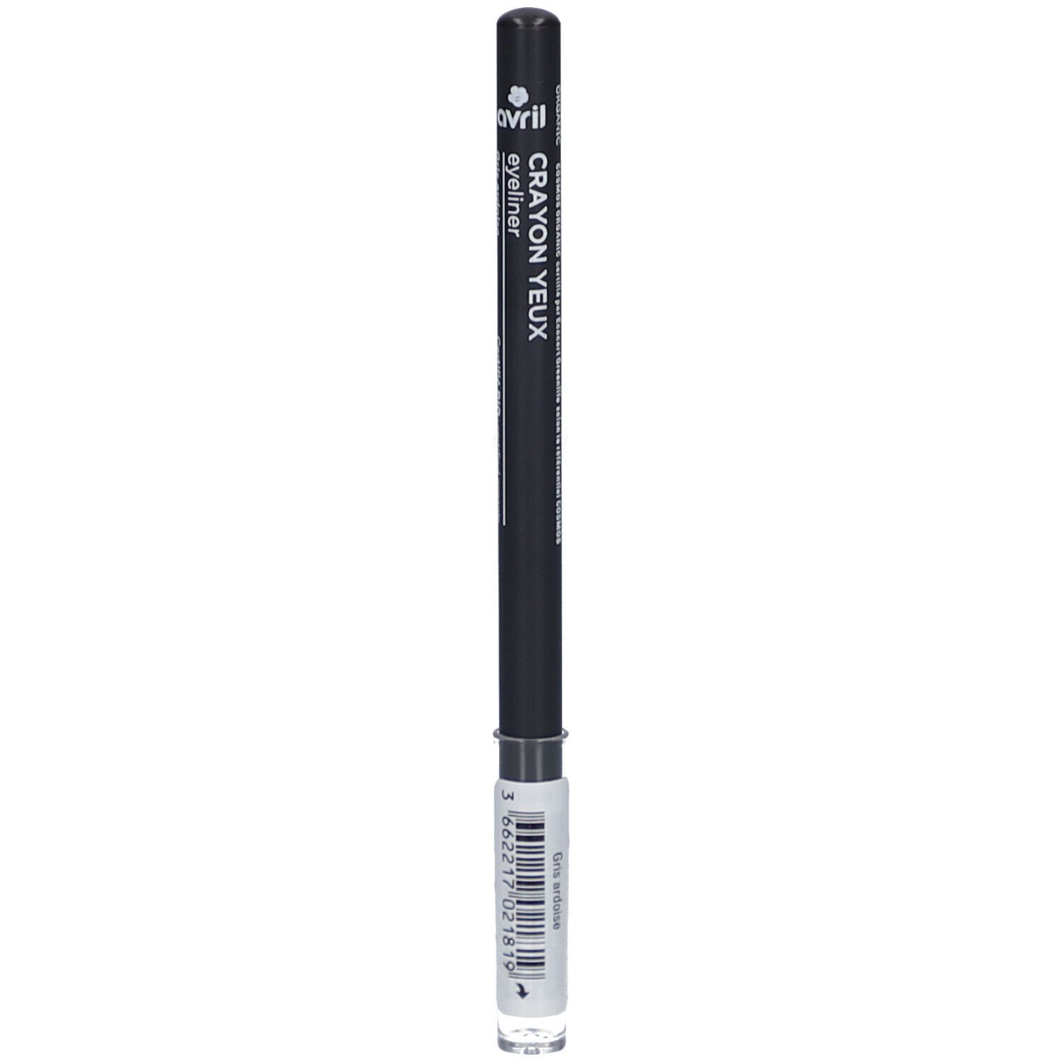 Grijze oogpotlood met zwarte schacht. Opschrift: Crayon yeux, eyeliner. Met wit etiket en barcode.