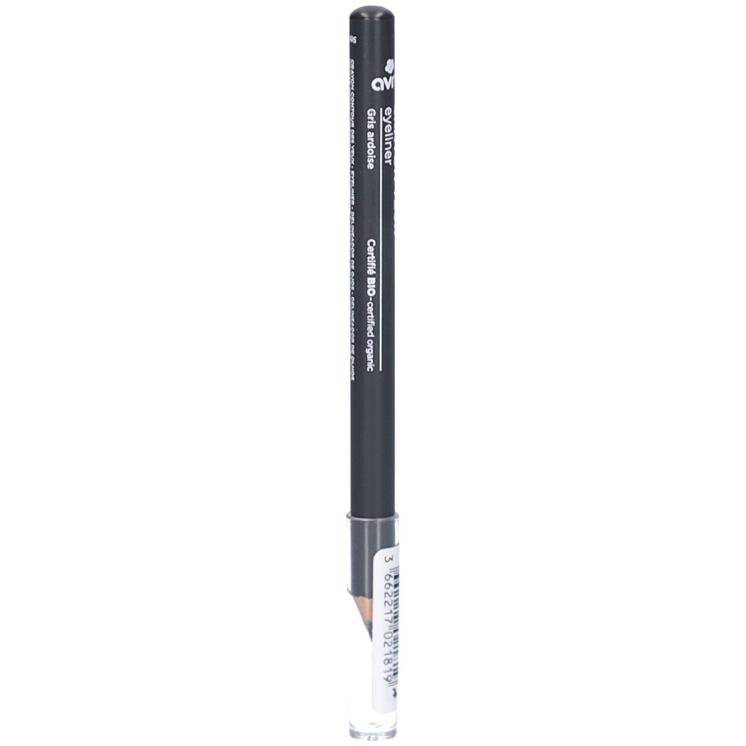 Grijze oogpotlood met zwarte schacht. Opschrift: eyeliner, gris ardoise. Gecertificeerd bio. Met wit etiket.