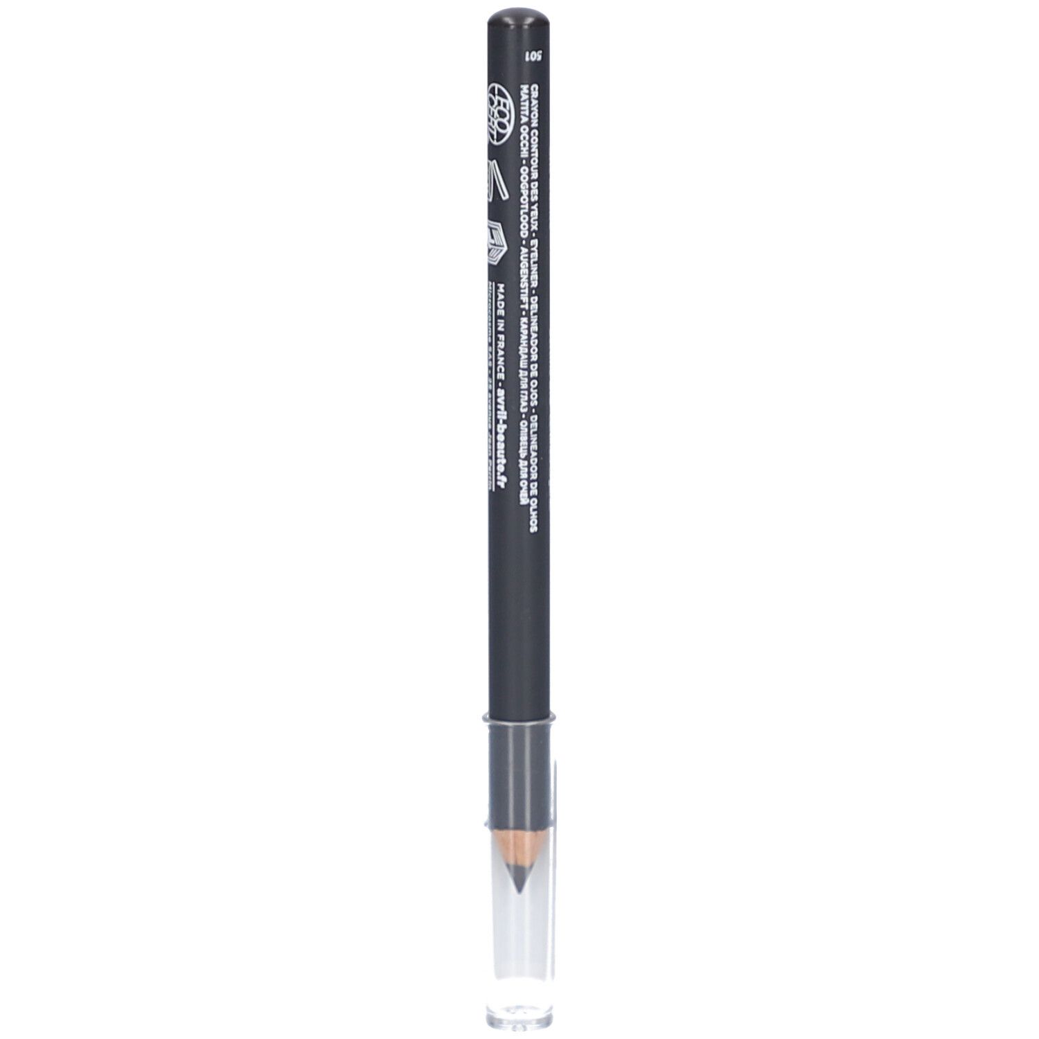 Grijze oogpotlood met zwarte schacht en transparante dop. Opschrift: eyeliner. Zichtbare punt.