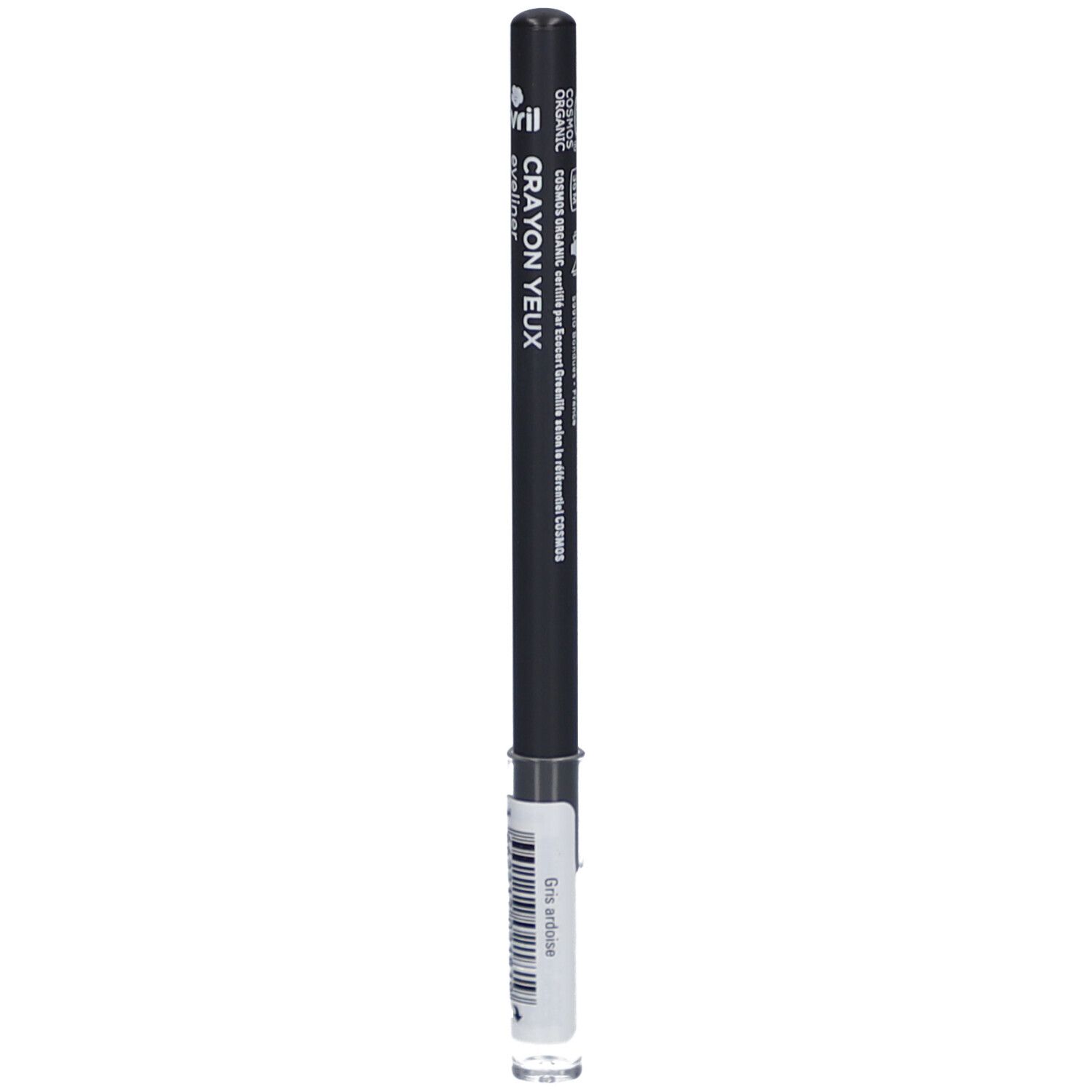 Grijze oogpotlood met zwarte schacht. Opschrift: Crayon yeux, eyeliner. Met wit etiket en barcode.