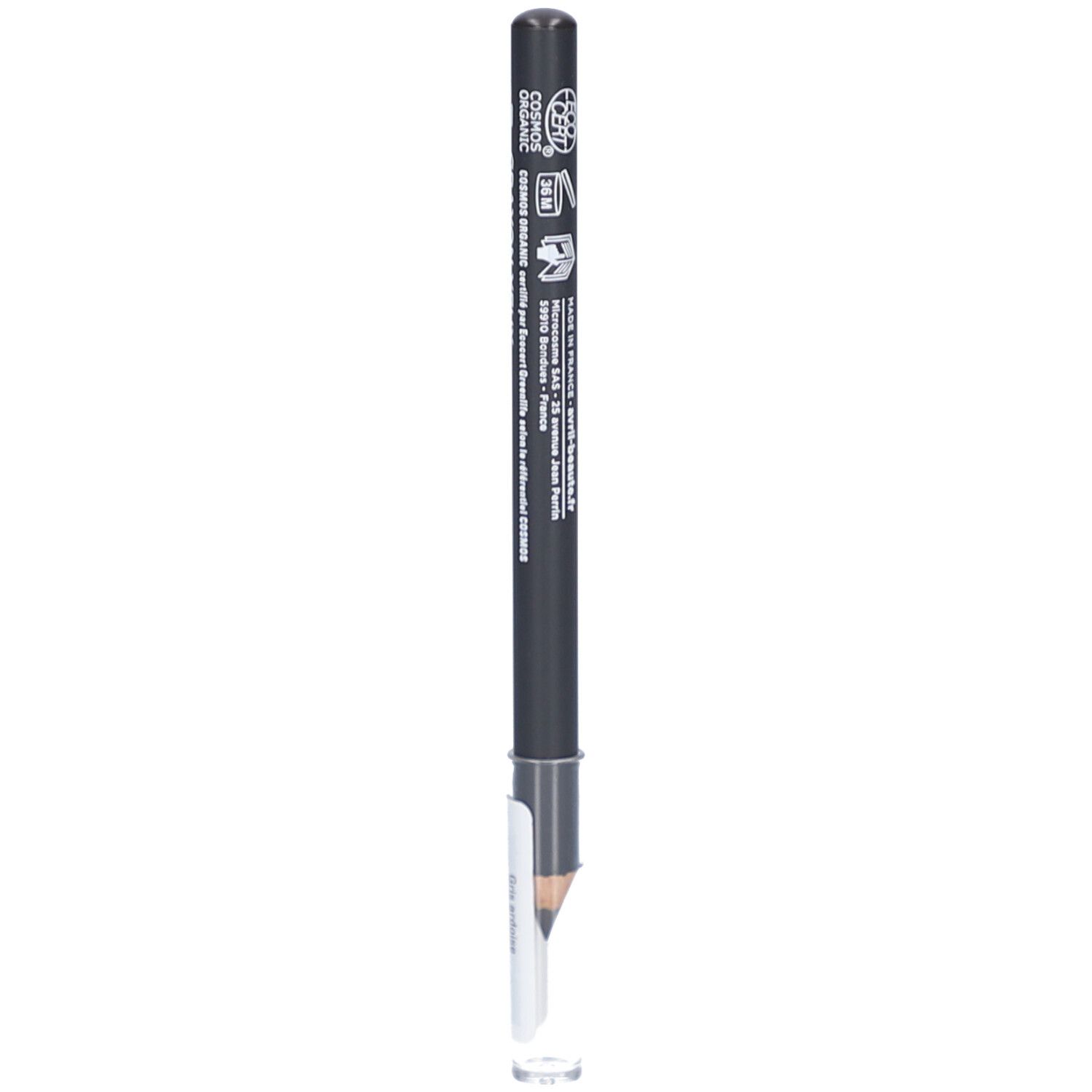 Grijze oogpotlood met zwarte schacht. Opschrift: Crayon yeux, eyeliner. Met wit etiket. Gecertificeerd bio.