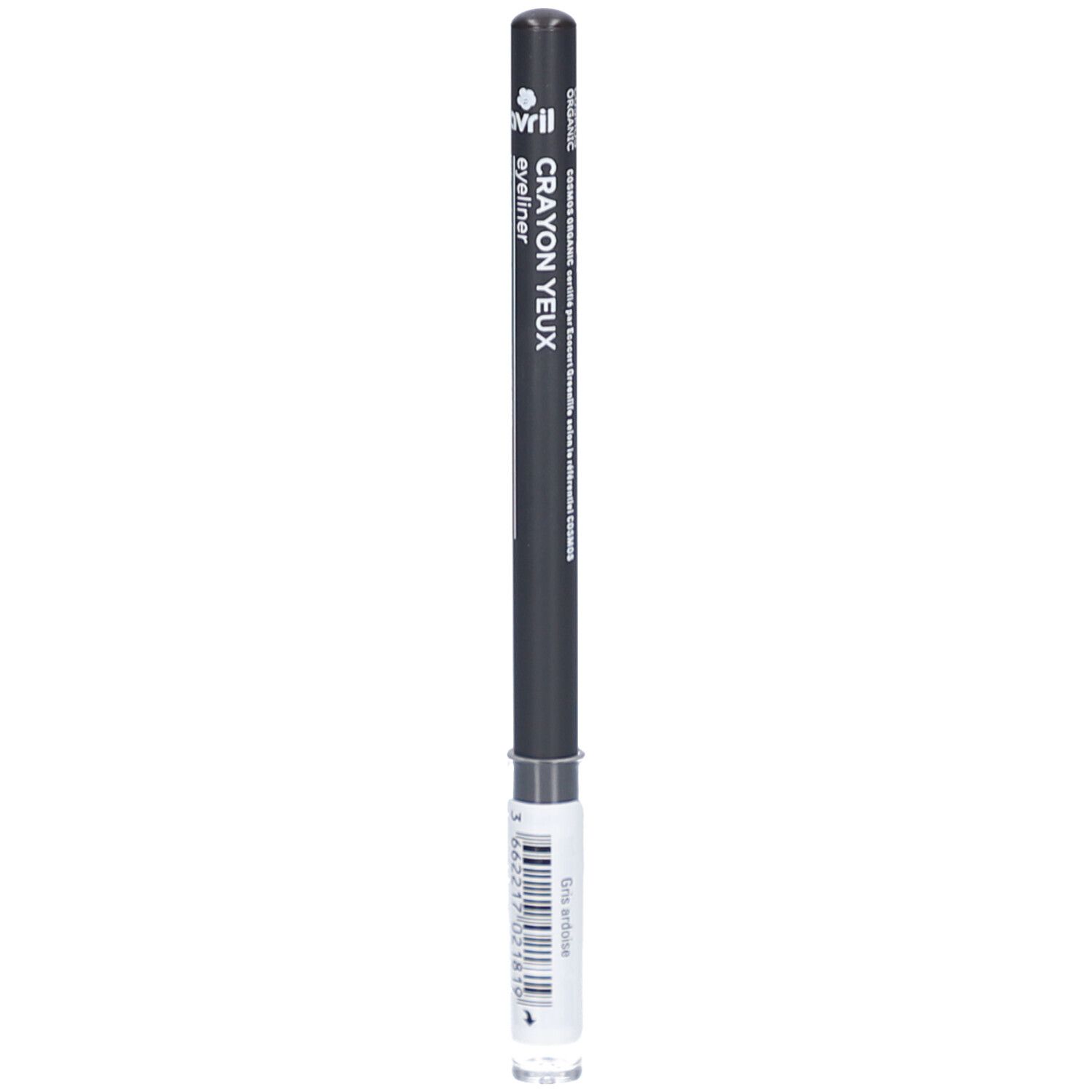 Grijze oogpotlood met zwarte schacht en transparante dop. Opschrift: eyeliner. Zichtbare punt. Bio-certificering.