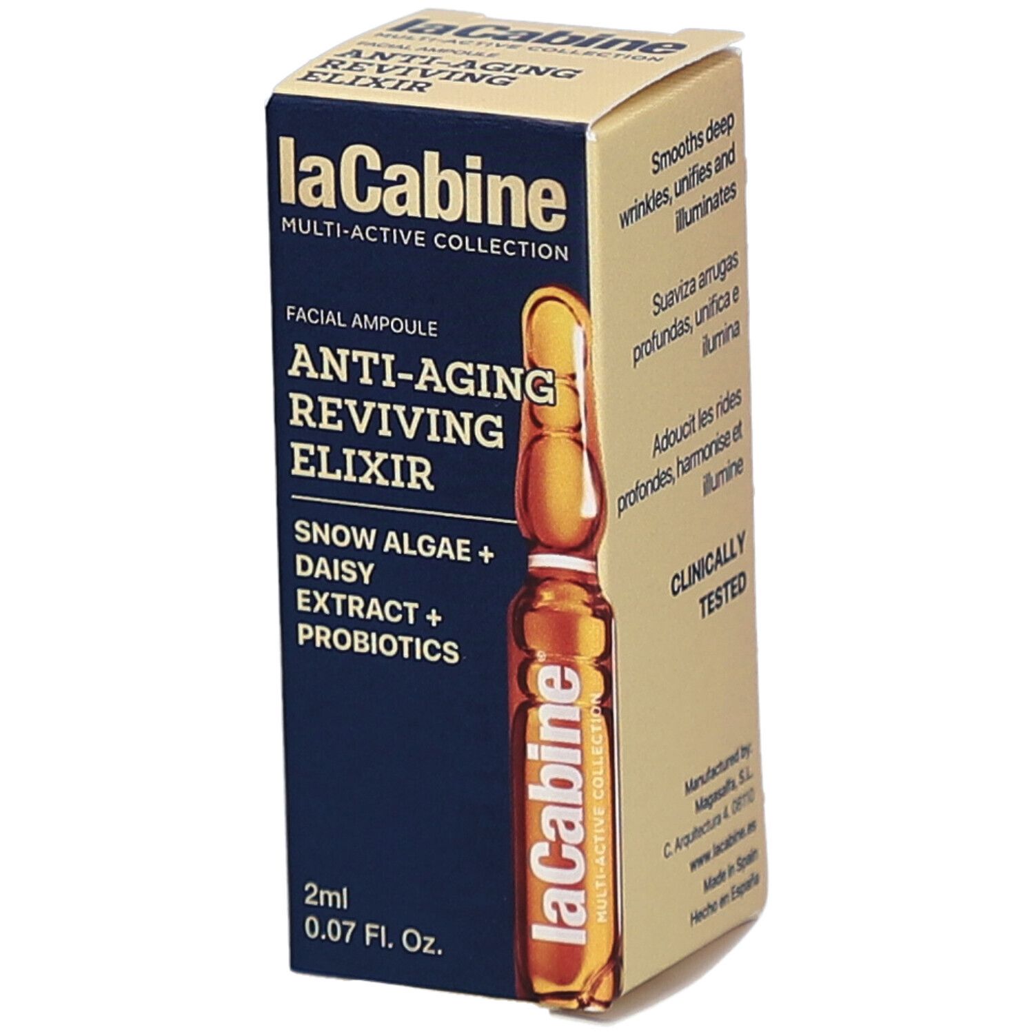 Doos met ampul. Opschrift: Anti-Aging Reviving Elixir, 2ml. Merk: laCabine.