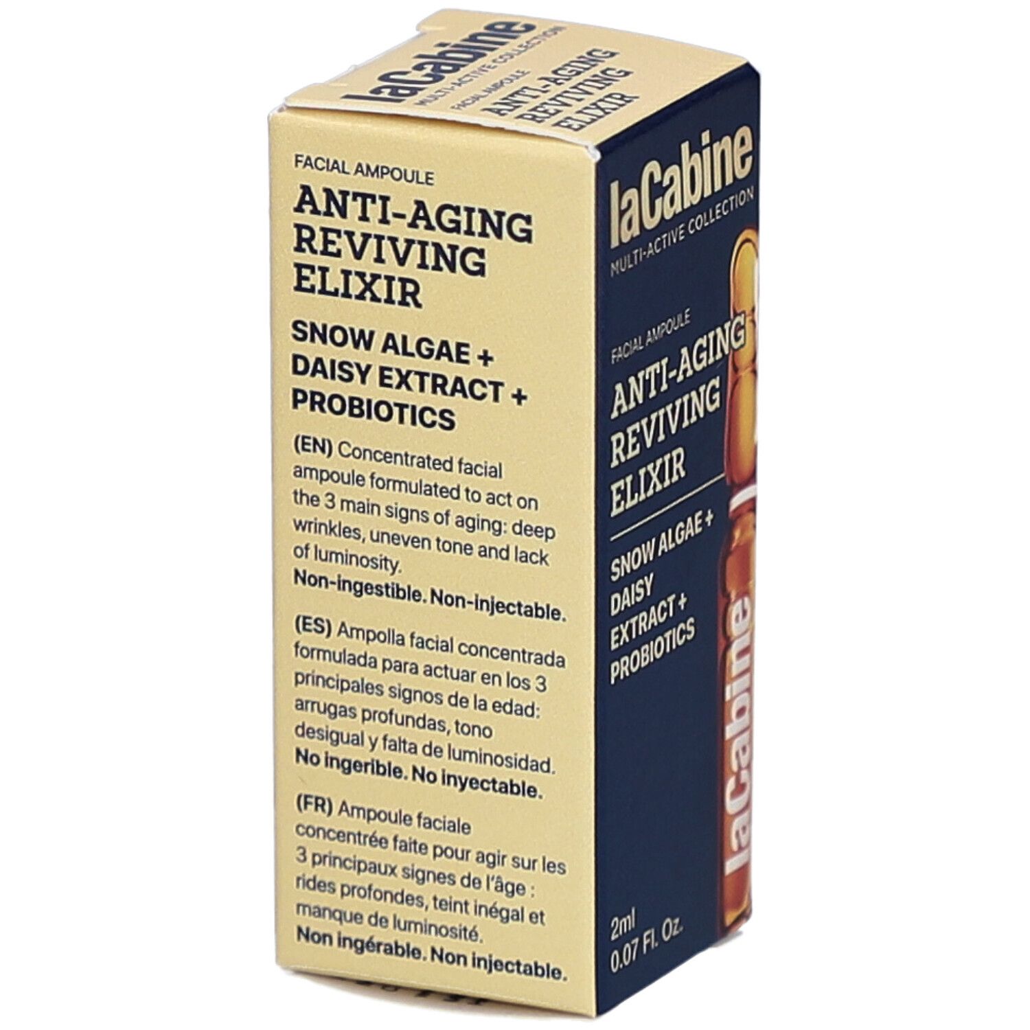 Doos met tekst: Anti-Aging Reviving Elixir, ingrediënten, 2ml. Merk: laCabine.
