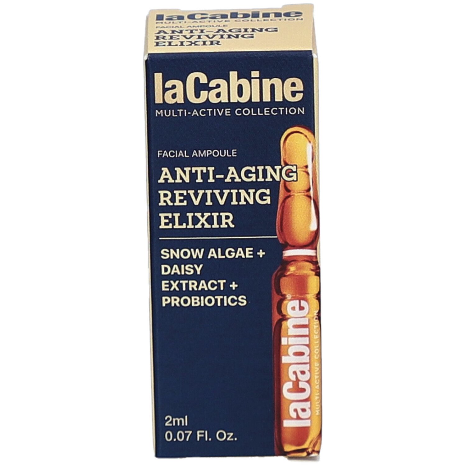 Doos met ampul. Opschrift: Anti-Aging Reviving Elixir, 2ml. Merk: laCabine.