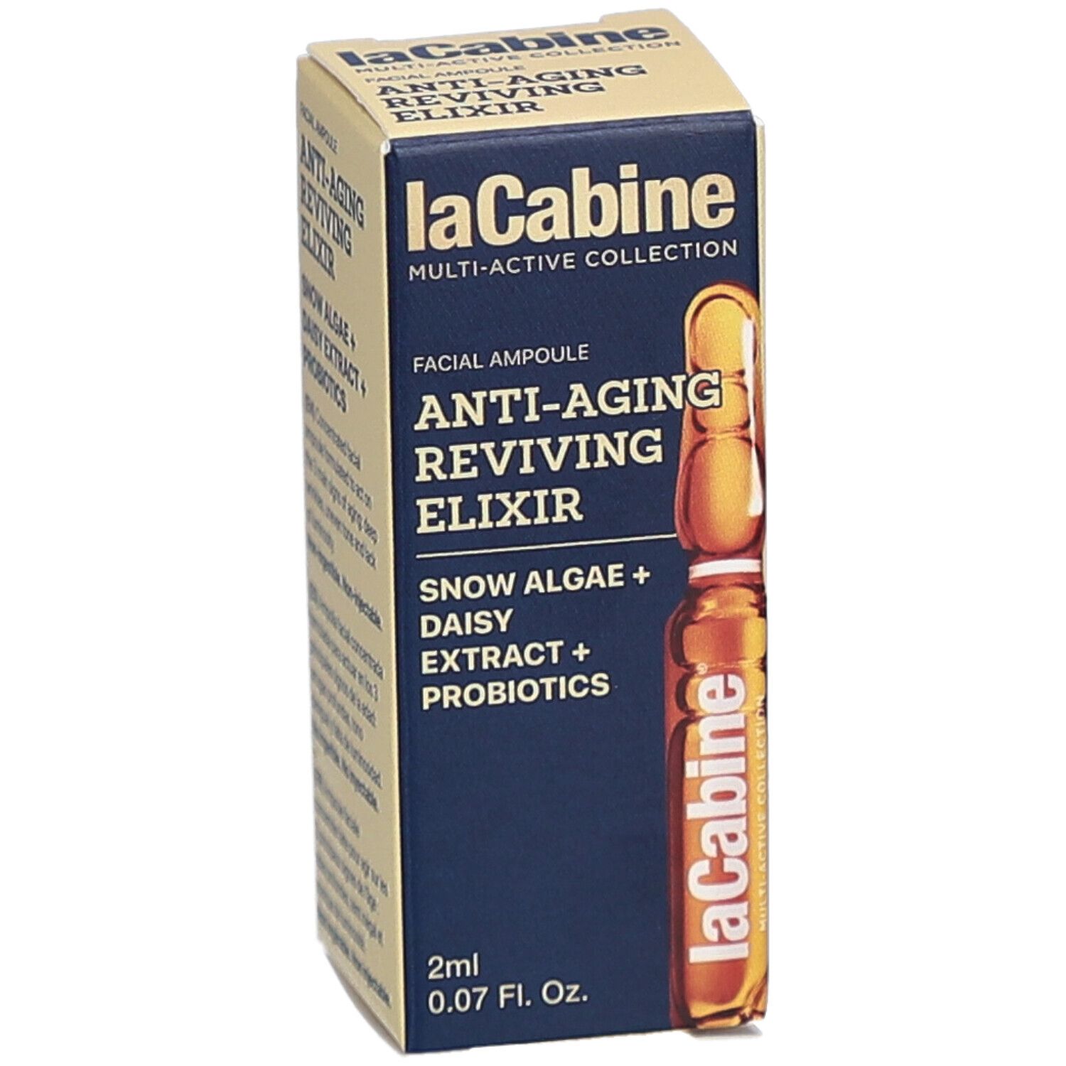 Doos met ampul. Opschrift: Anti-Aging Reviving Elixir, 2ml. Merk: laCabine.