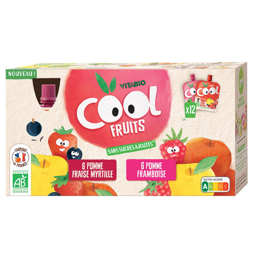 Verpakking van Cool Fruits. Bevat 12 zakjes fruitpuree. Opschriften: 6 Pomme Fraise Myrtille, 6 Pomme Framboise. AB bio-label.
