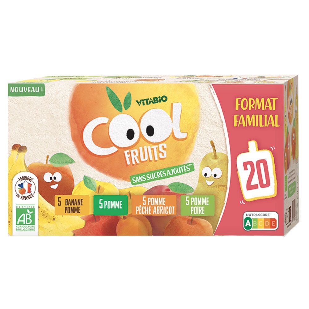 Verpakking Cool Fruits Multiparfums. Bevat 20 zakjes appel-, peer-, abrikozen- en bananenpuree. Biologisch product.