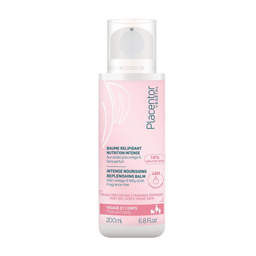 Flacon blanc avec pompe. Étiquette rose avec informations produit. Marque Placenter vegetal.