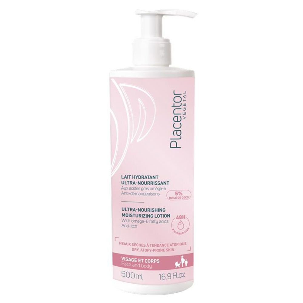 Roze fles met pomp. Opschrift: Placentor Vegetal, Lait Hydratant Ultra-Nourrissant. Voor droge huid.