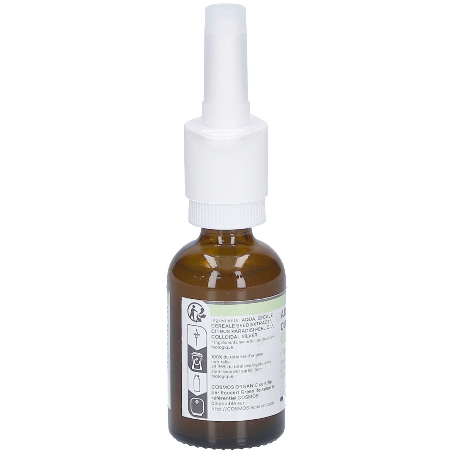 Dos du flacon en verre brun avec pulvérisateur blanc. Contient des informations sur les ingrédients et les certifications. Logo COSMOS ORGANIC.