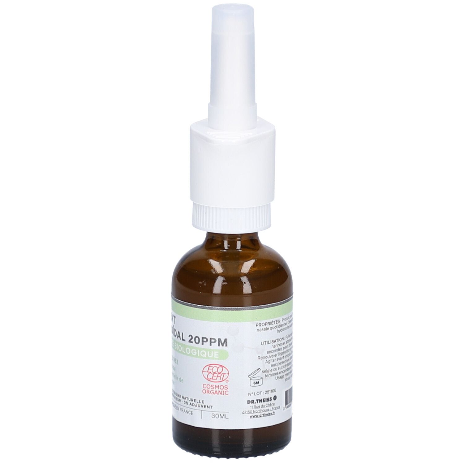 Flacon en verre brun avec pulvérisateur blanc. Inscription: Argent Colloïdal 20PPM, Certifié Biologique. Logo COSMOS ORGANIC et 30ml.