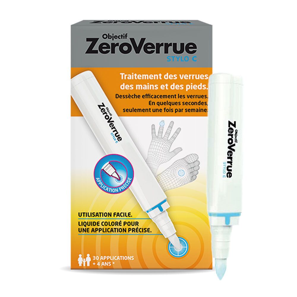Boîte et stylo pour l'élimination des verrues, avec embout applicateur précis.