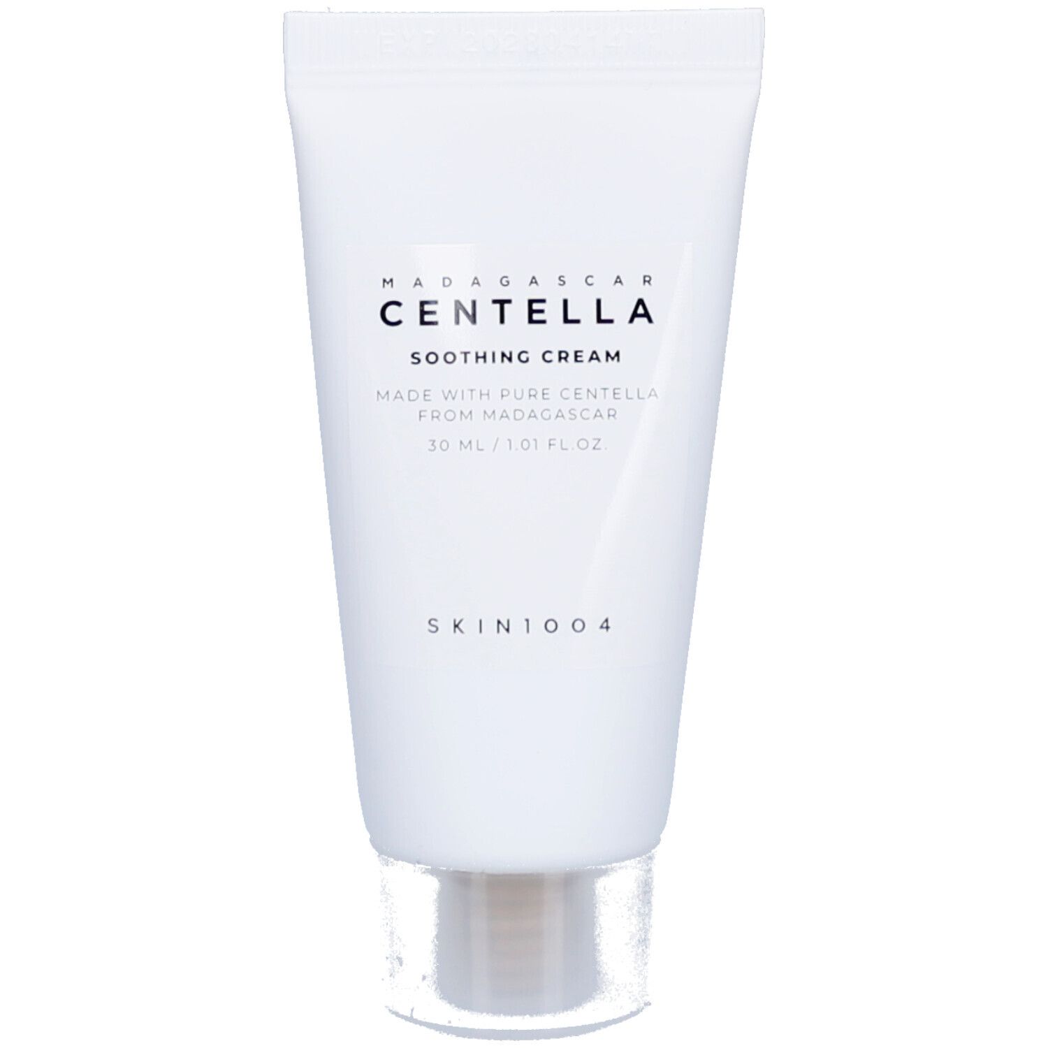 Witte tube met zwarte tekst. Productnaam: CENTELLA SOOTHING CREAM. Fabrikant: SKIN1004. Inhoud: 30 ml.