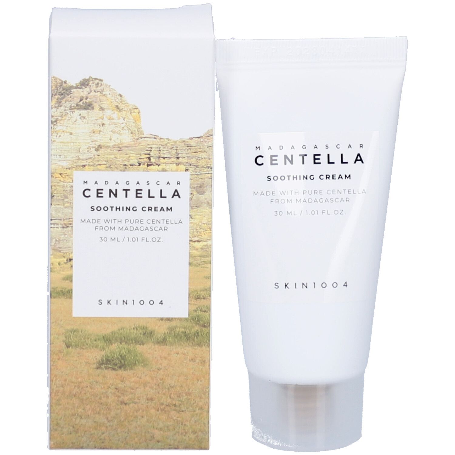 Productverpakking en tube. Verpakking: wit met landschap. Tube: wit met productnaam CENTELLA SOOTHING CREAM.