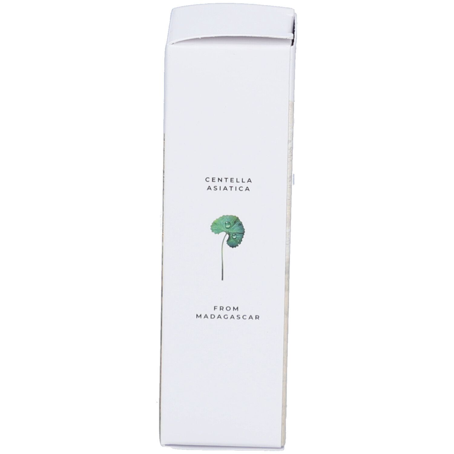 Witte verpakking, zijkant met tekst: CENTELLA ASIATICA FROM MADAGASCAR en een afbeelding.