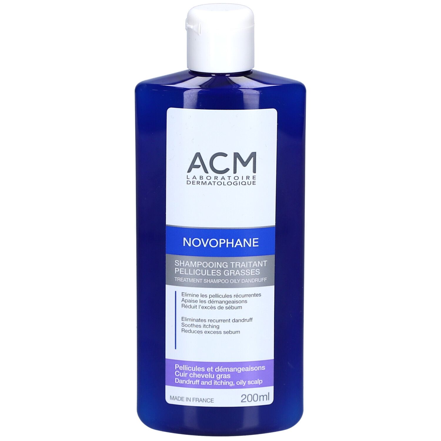 Blauwe fles met witte dop. Etiket met productnaam en tekst. ACM Laboratoire.