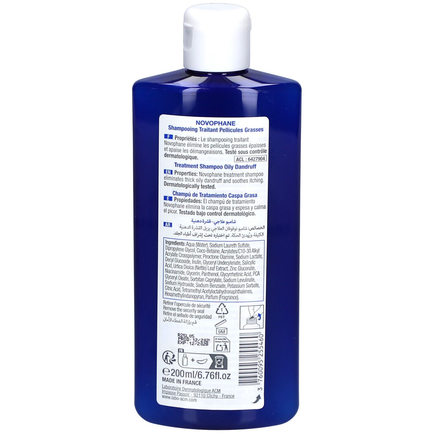 Achterkant van een blauwe fles. Etiket met tekst, ingrediënten en logo's. ACM Laboratoire.