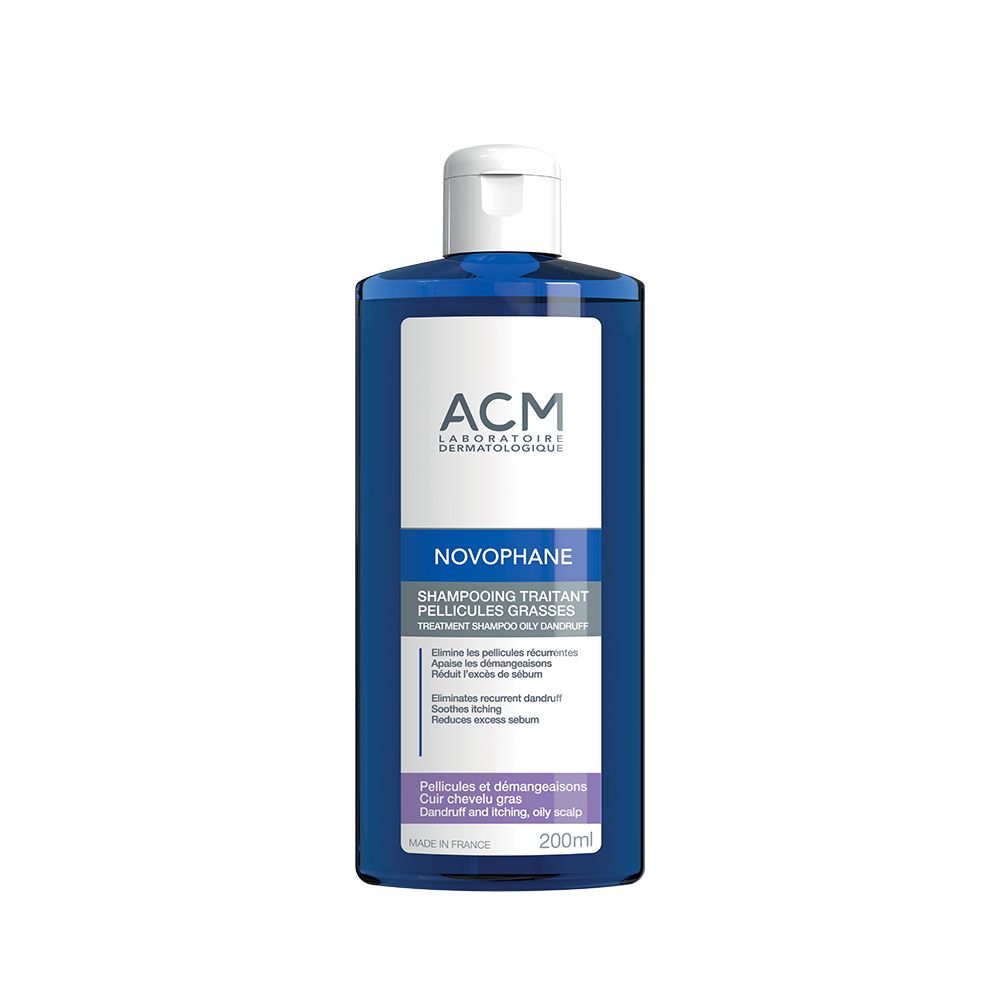 Blauwe fles met witte dop. Opschrift ACM, Novophane, shampoo voor vette roos. 200ml.