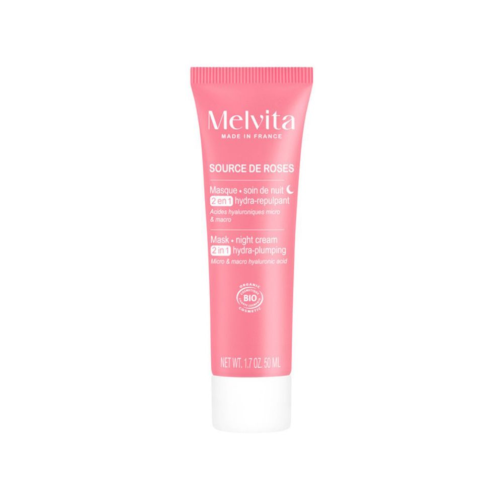 Roze tube. Melvita Source de Roses Crème Nuit Hydra Repulpante. Bio-gecertificeerd. 50 ml.