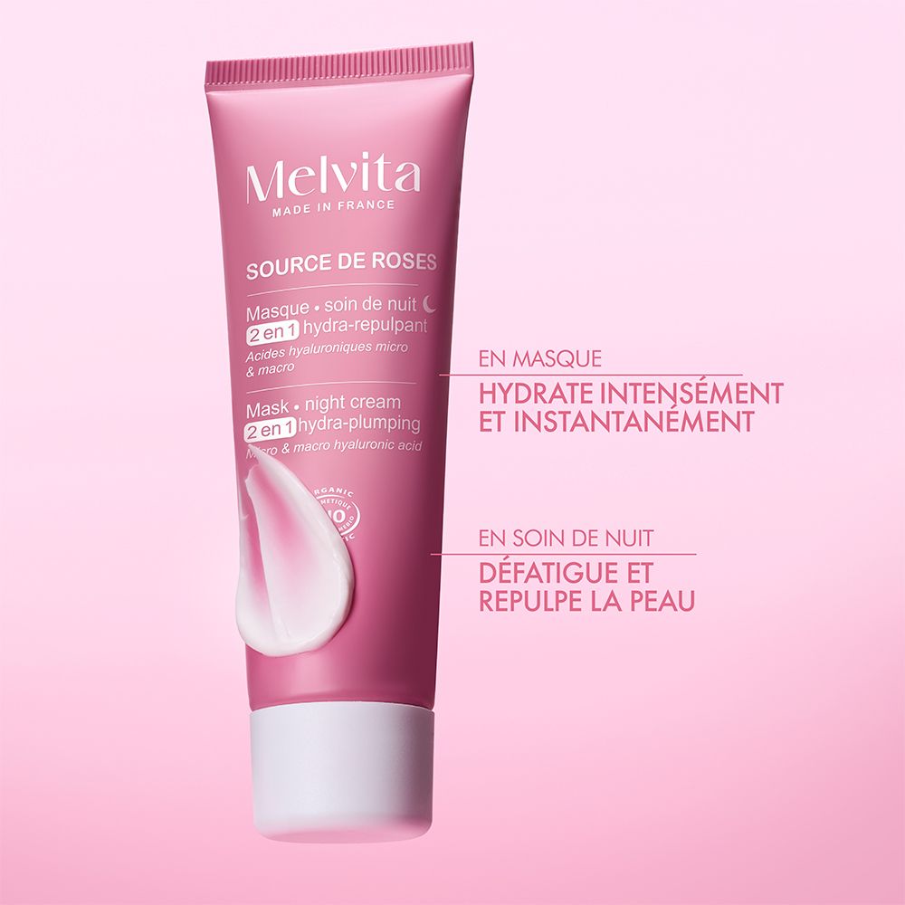 Roze tube. Melvita Source de Roses. Tekst en productillustratie. Teksten: Hydratatie, Opvullend.