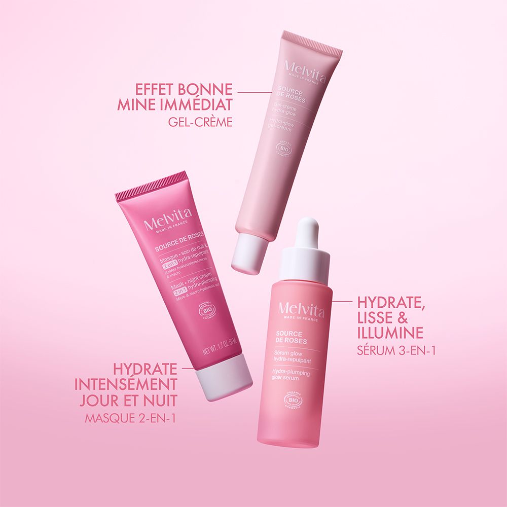 Drie Melvita-producten. Tekst: Onmiddellijk glow-effect, hydrateert, verzacht en verheldert.