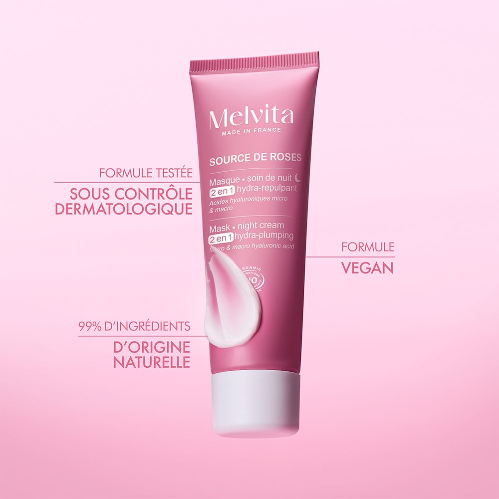 Roze tube. Melvita Source de Roses. Tekst: Dermatologisch getest, veganistische formule, 99% natuurlijke ingrediënten.