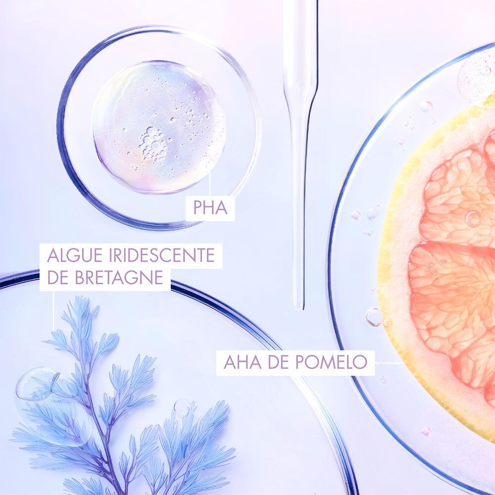 Gros plan sur les ingrédients. Texte : PHA, Algue iridescente de Bretagne, AHA de Pomelo.