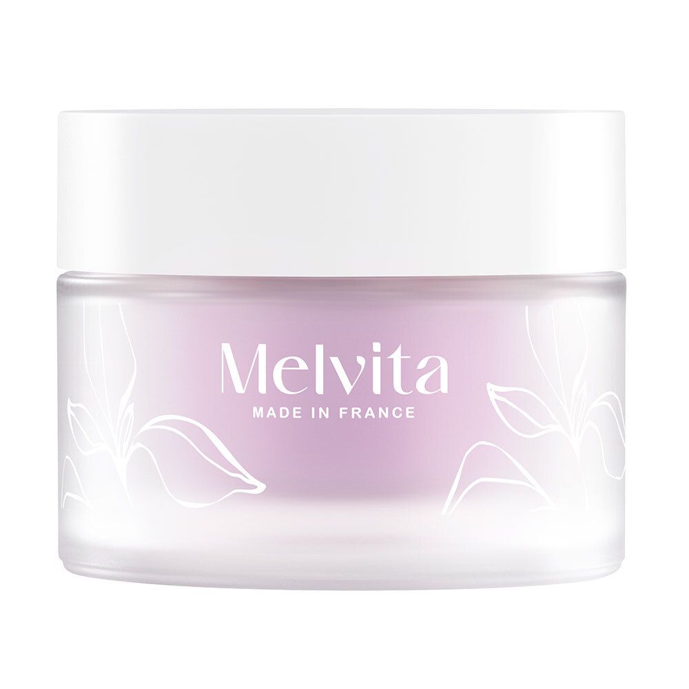Crèmepot met deksel. Opschrift Melvita, Made in France. Bloemenpatroon.