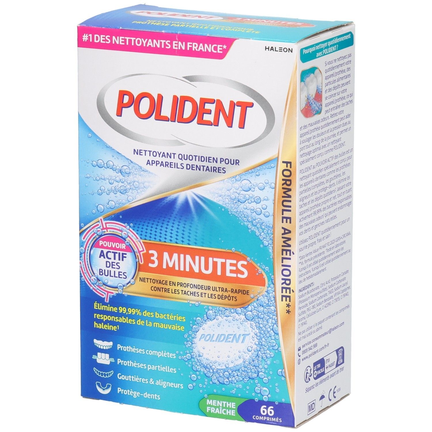 Doos POLIDENT. Opschrift: 3 minuten, dagelijkse reiniging voor kunstgebitten. Bevat 66 tabletten. Met muntsmaak.