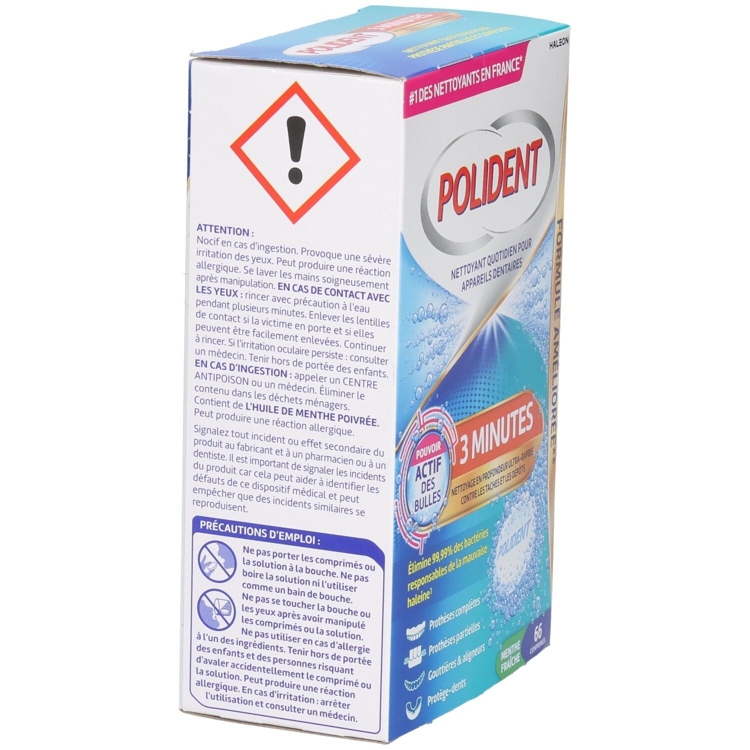 Achterkant van de POLIDENT-doos. Bevat waarschuwingen en gebruiksaanwijzingen. Tekst in het Frans. 66 tabletten.