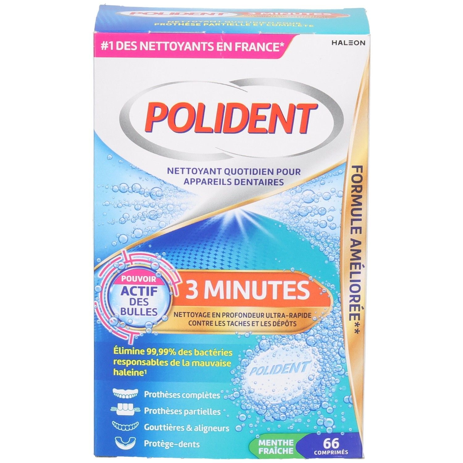 Doos POLIDENT. Opschrift: 3 minuten, dagelijkse reiniging voor kunstgebitten. Bevat 66 tabletten. Met muntsmaak.