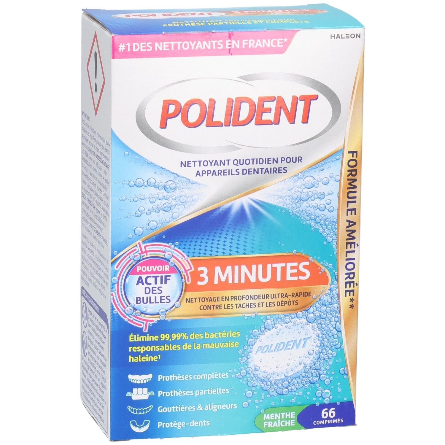 Doos POLIDENT. Opschrift: 3 minuten, dagelijkse reiniging voor kunstgebitten. Bevat 66 tabletten. Met muntsmaak.