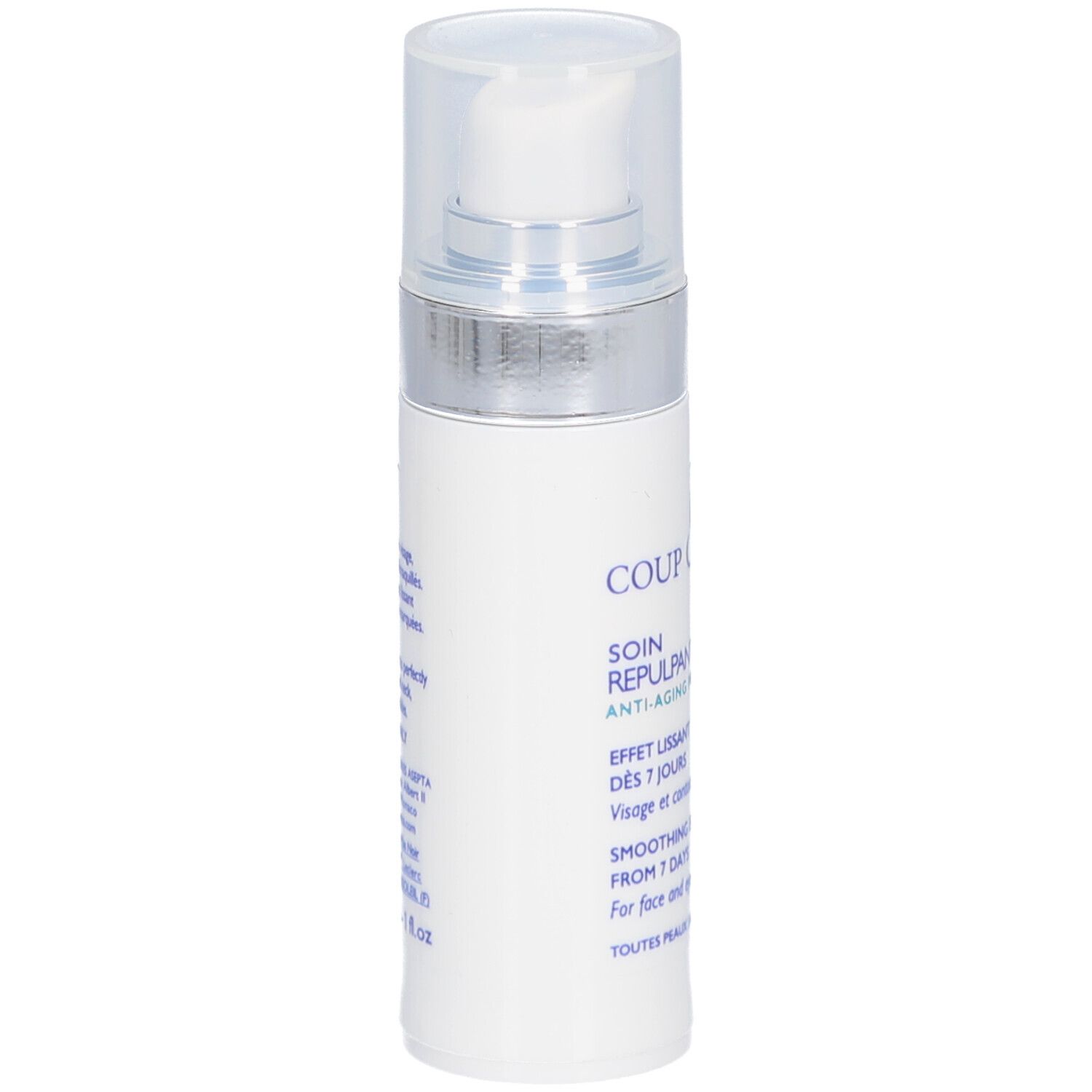 Witte fles met sproeikop. Opschrift: COUP D'ECLAT, SOIN REPULPANT ANTI-AGE. Transparante dop.