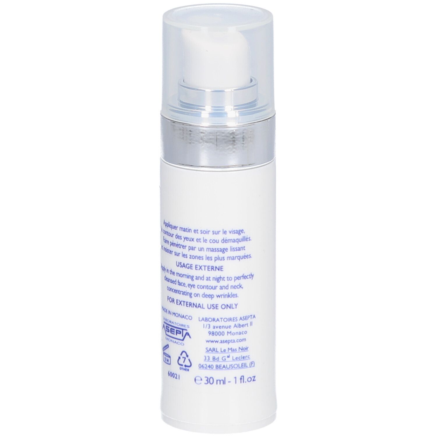 Witte fles met sproeikop. Opschriften en tekst in blauw. Transparante dop. Achterkant.