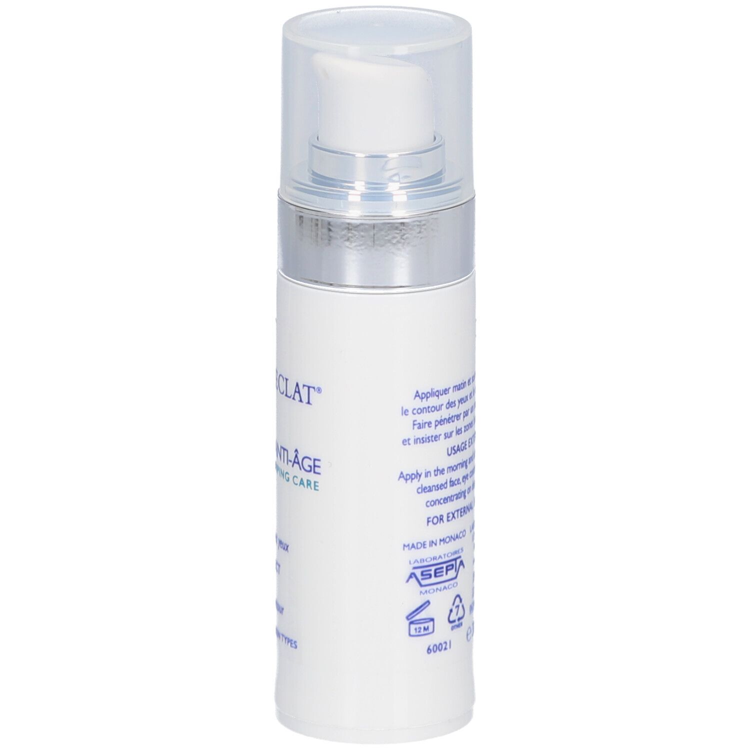 Witte fles met sproeikop. Opschriften en tekst in blauw. Transparante dop. Achterkant.