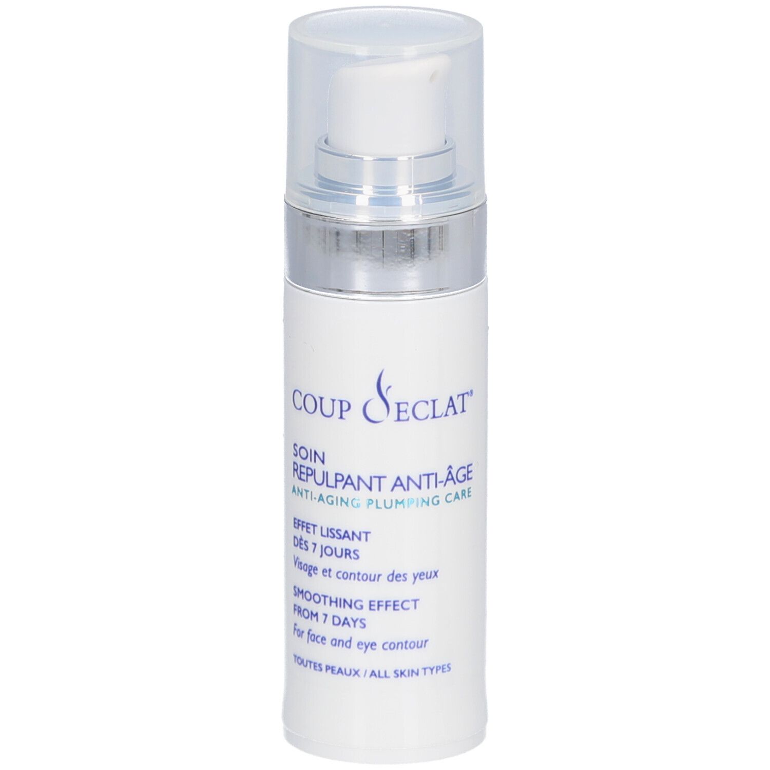 Witte fles met sproeikop. Opschrift: COUP D'ECLAT, SOIN REPULPANT ANTI-AGE. Transparante dop.