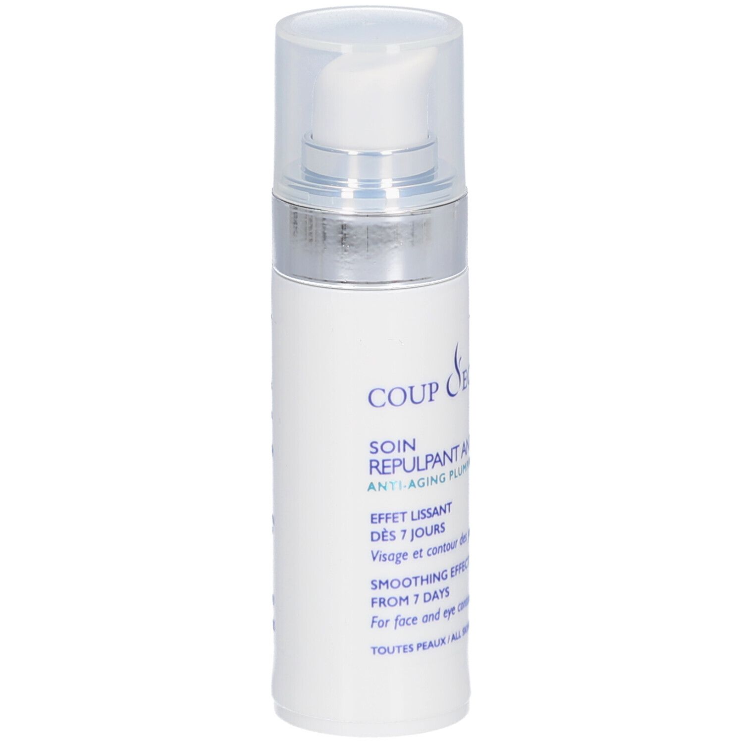 Witte fles met sproeikop. Opschrift: COUP D'ECLAT, SOIN REPULPANT ANTI-AGE. Transparante dop.