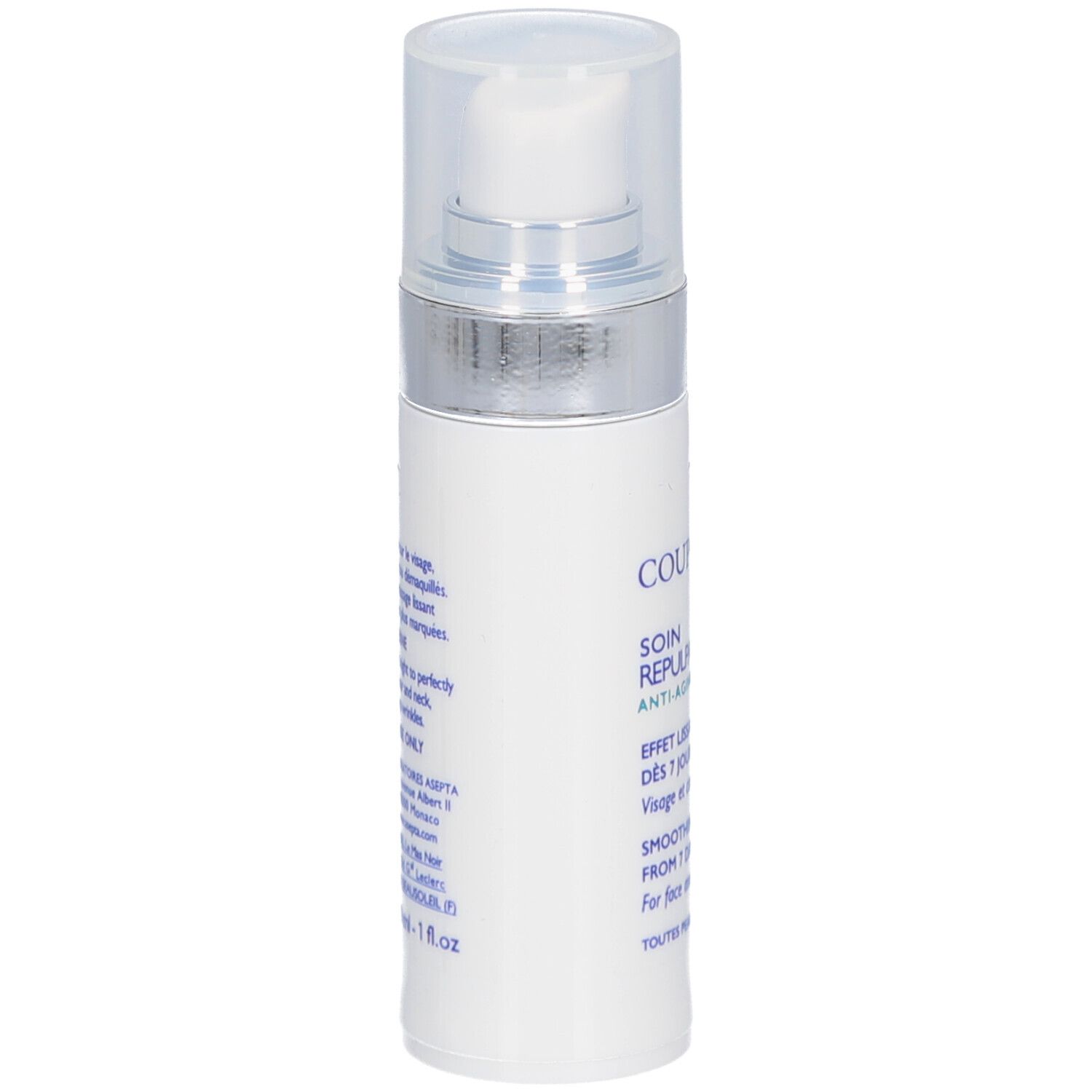 Witte fles met sproeikop. Opschriften en tekst in blauw. Transparante dop. Achterkant.