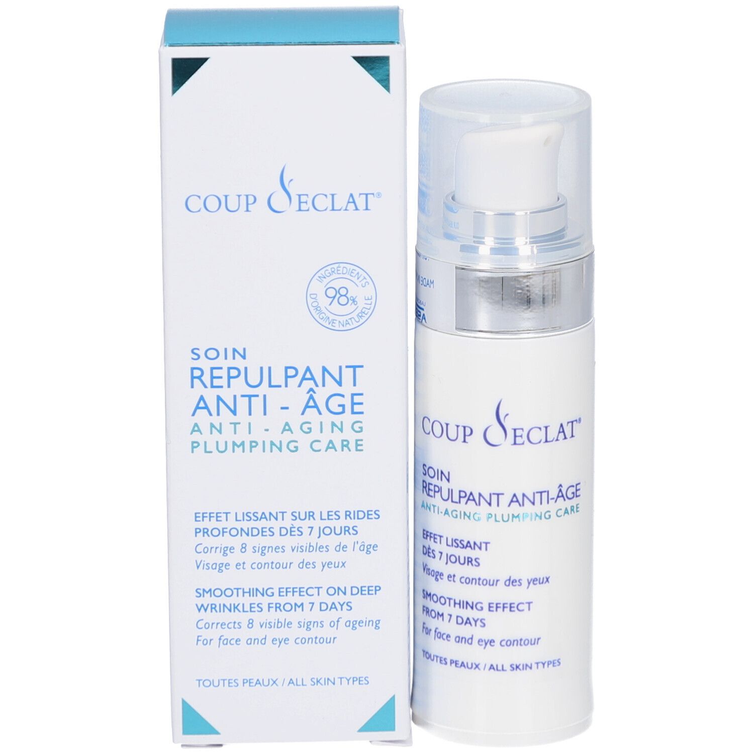 Productfles en verpakking. Opschrift: COUP D'ECLAT, SOIN REPULPANT ANTI-AGE. Blauwe en witte kleuren.