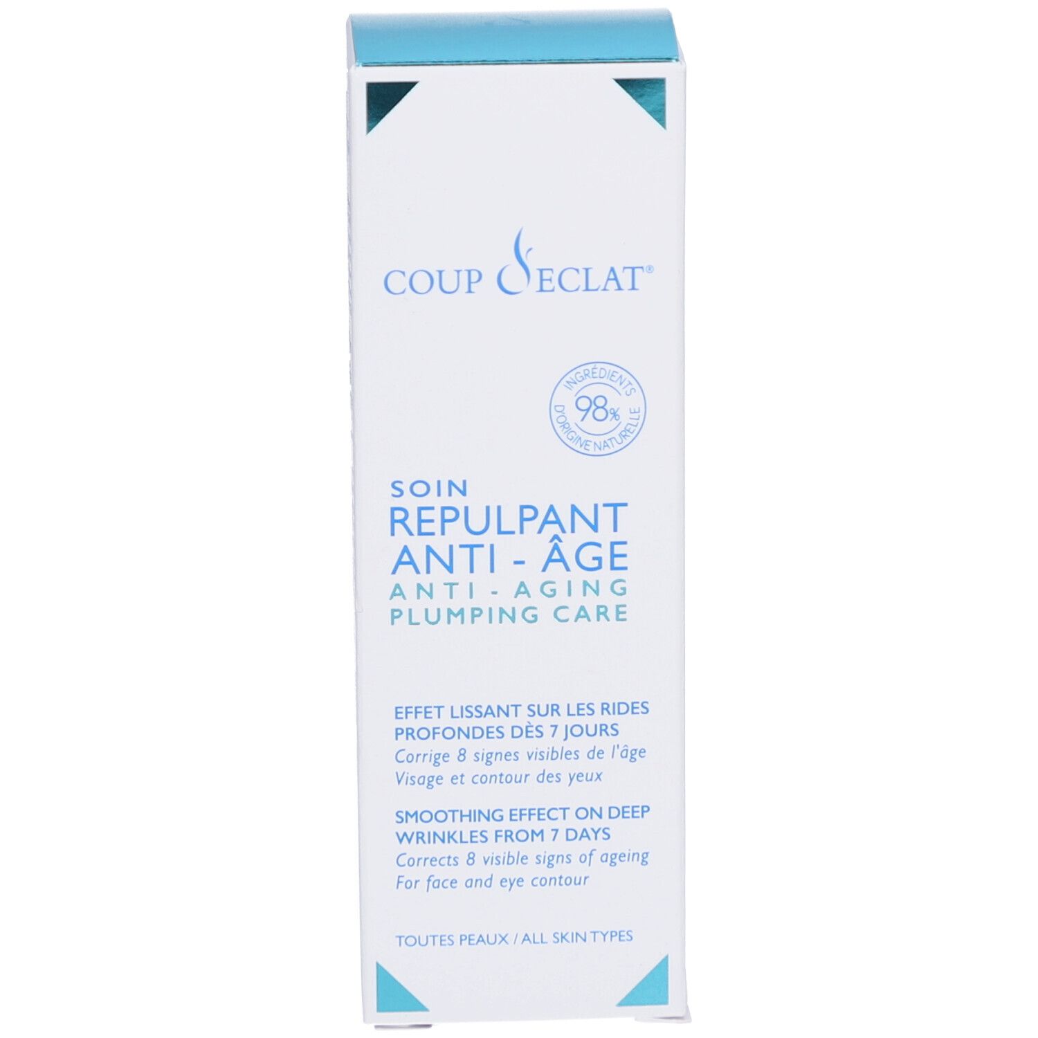 Verpakking. Opschrift: COUP D'ECLAT, SOIN REPULPANT ANTI-AGE. Blauwe en witte kleuren.
