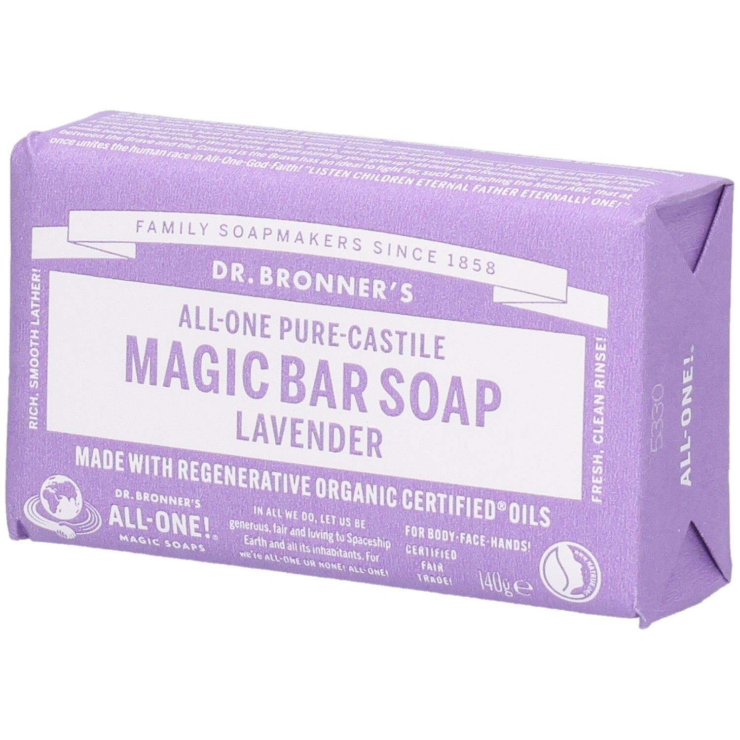 Savon violet emballé. Inscription: Dr. Bronner's Magic Bar Soap Lavender. Huiles biologiques.