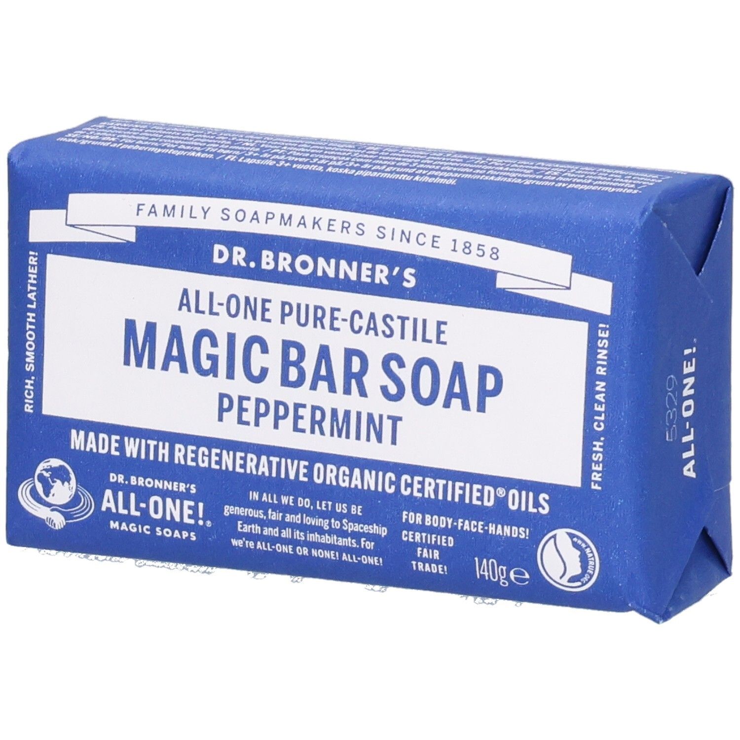 Blauw verpakte zeep. Opschrift: Dr. Bronner's Magic Bar Soap Peppermint. Met Fair Trade label en 140g.