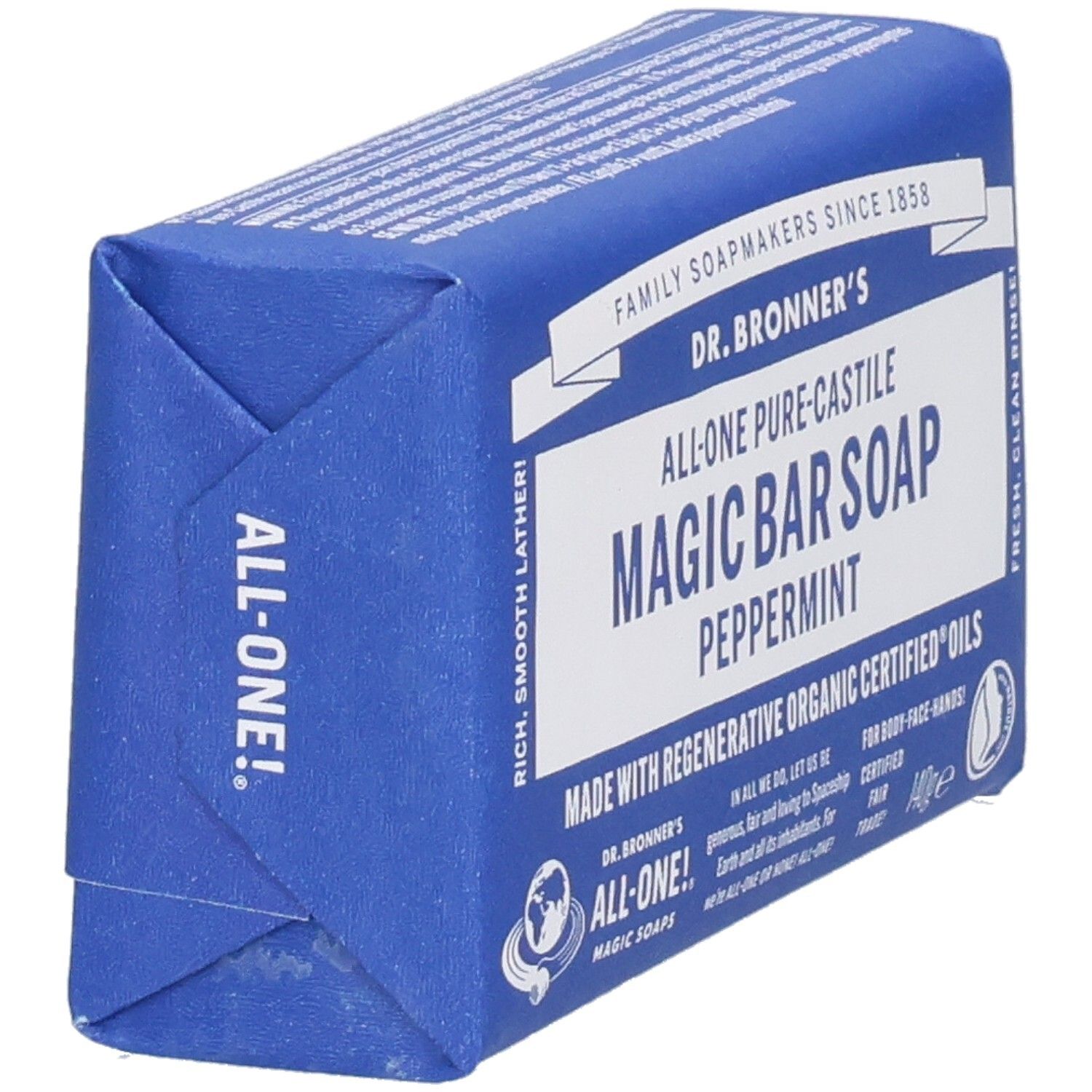 Blauw verpakte zeep. Opschrift: Dr. Bronner's Magic Bar Soap Peppermint. Zijaanzicht.