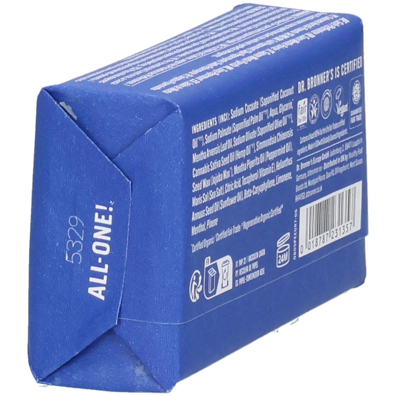 Achterkant van blauw verpakte zeep. Ingrediëntenlijst en certificeringen. Zijaanzicht.